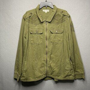 Idyllwind Embroidered Olive Green Military-Inspired Jacket XXL Zip Front Cotton